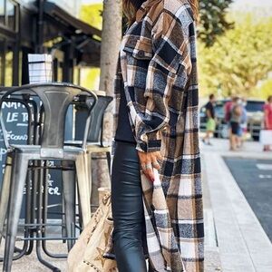 NWT Lounge Lapel Button Down Plaid Jacket Long Shirt Shacket Flannel Trench Coat